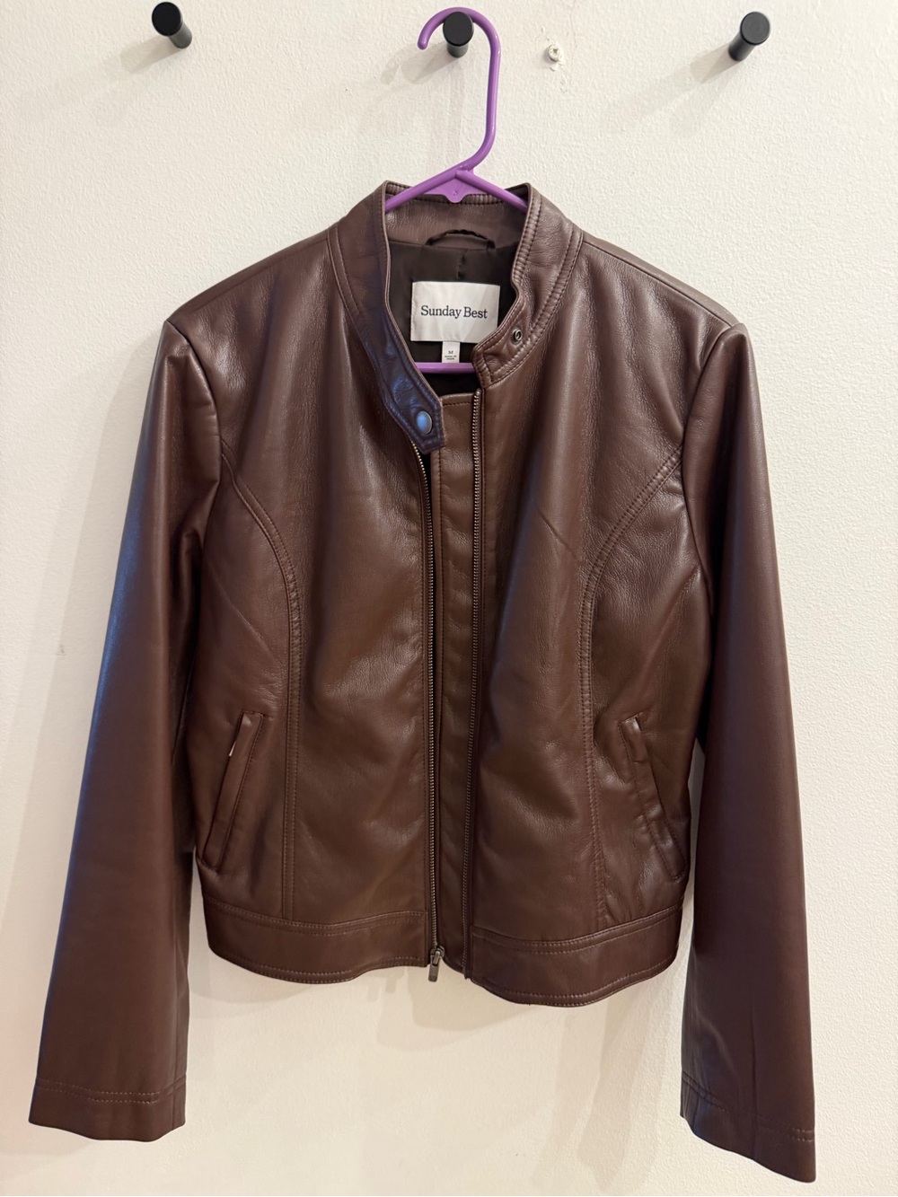 Sunday Best Brown Leather Collarless Moto Jacket